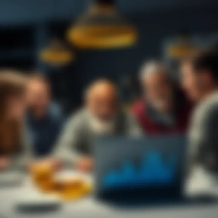 An uncle sitting at a table with a laptop, smiling while looking at cryptocurrency charts, with family members joyfully discussing around him.