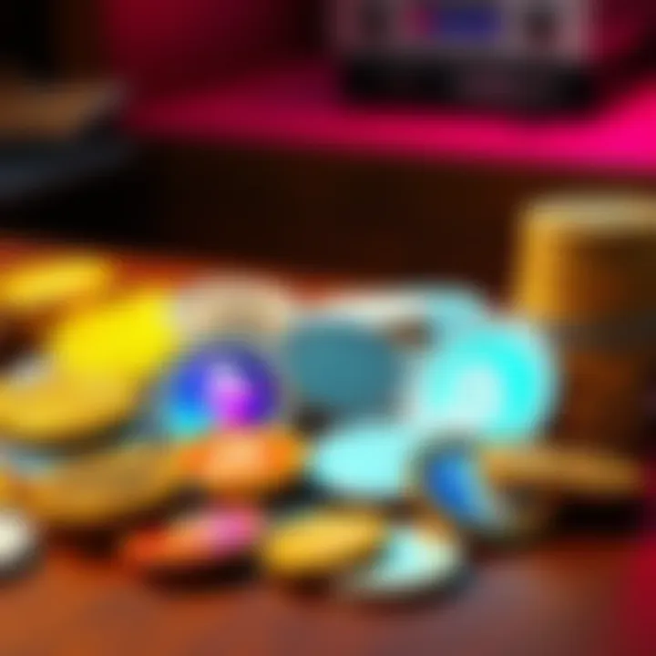 A collection of lesser-known cryptocurrency coins arranged on a table, symbolizing investment opportunities.