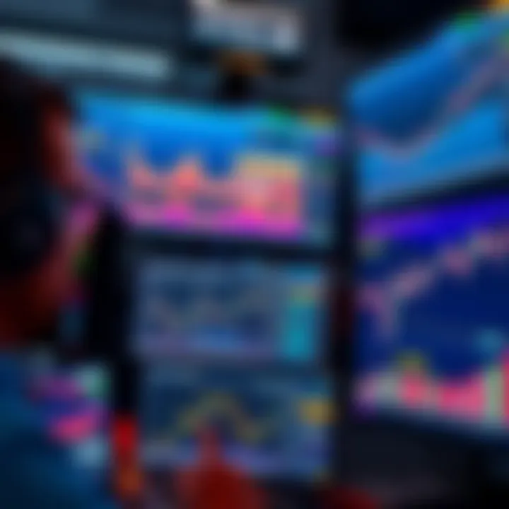 Understanding DeFi Risks A person analyzing financial data on multiple screens with charts showing market fluctuations, emphasizing the need for monitoring risks in DeFi investments.