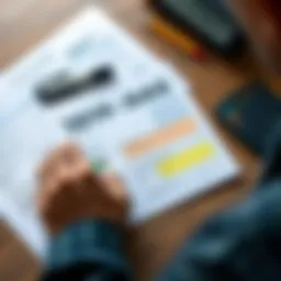 A person analyzing a 1099-DA form with highlighted cost basis sections next to a calculator and tax documents