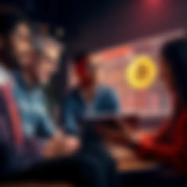 A group of diverse people discussing cryptocurrency concepts with a laptop and charts in view.