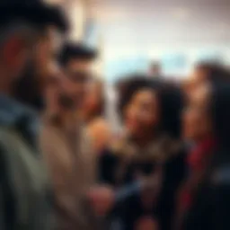 A group of diverse people sharing a knowing glance, symbolizing unspoken understanding, with a subtle backdrop of a social gathering.