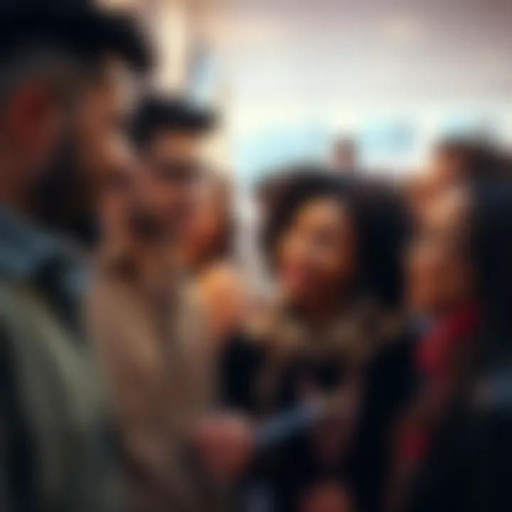 A group of diverse people sharing a knowing glance, symbolizing unspoken understanding, with a subtle backdrop of a social gathering.