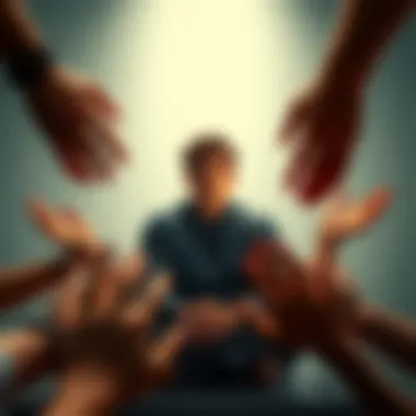 A person sitting alone with a thoughtful expression, surrounded by supportive hands reaching out, symbolizing compassion and understanding for mental health issues.