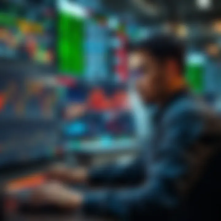 A trader analyzing charts on a computer screen, looking focused on the market's performance, with graphs and data visible in the background.