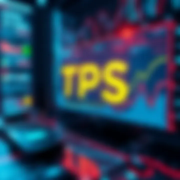 Understanding TPS in Distributed Ledger Tech A graphic showing the concept of Transaction Per Second (TPS) in a digital finance setting, with charts representing throughput in fintech and compliance fields.