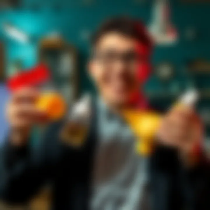 A person smiling while holding unusual items found at their workplace, showcasing a mix of surprise and joy.