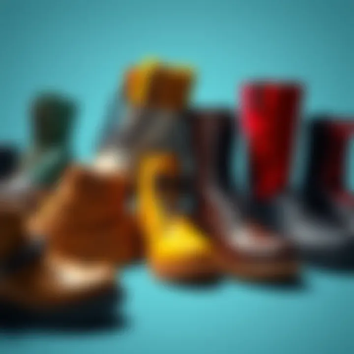 A collection of various boot styles, including Tanker 3.0 and Sierra sole, arranged to show their playful designs and colors.
