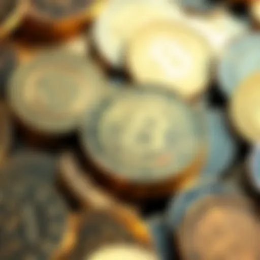 A collection of different coins showcasing one coin that stands out with a shiny finish and distinctive design, symbolizing stability in the cryptocurrency market.