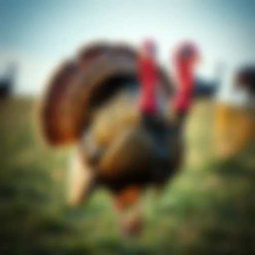 A striking turkey with unusual features, showcasing its distinct coloration and appearance, standing in a field.