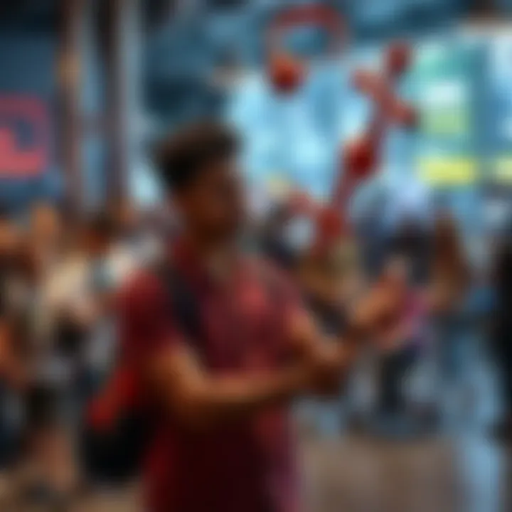 A person performing an unusual talent, like juggling with unique objects, in a social setting, capturing attention from a small crowd.