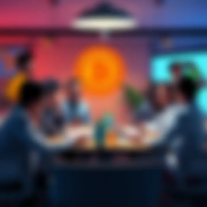 A diverse group of people gathered around a table discussing Bitcoin and Kaspian, emphasizing collaboration and understanding in the cryptocurrency community.