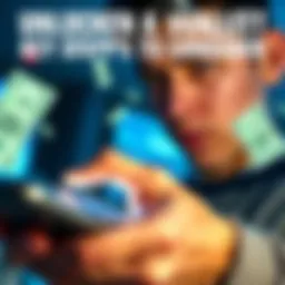 A close-up of a person holding a digital wallet device, looking focused and concerned, with money symbols in the background