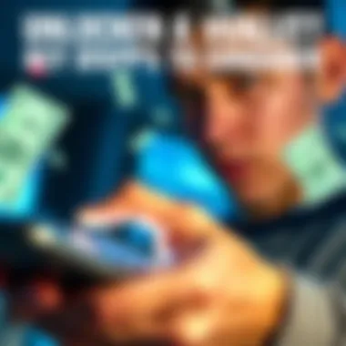 A close-up of a person holding a digital wallet device, looking focused and concerned, with money symbols in the background
