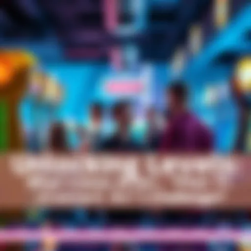 Unlocking Arcade Levels A group of players excitedly discussing the rewards of the Convert $1 challenge in an arcade setting with colorful game machines in the background.
