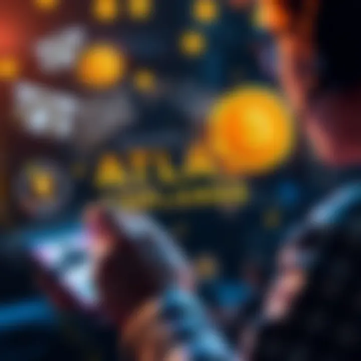 A person using a digital device to unlock Atlas Explorers and earn Atlas Bucks, with graphics of coins and parcels around them.