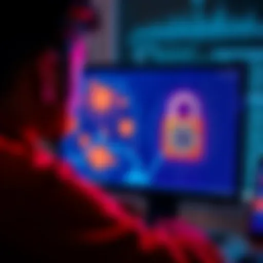 A person looking at a computer screen with Bitcoin symbols and a locked wallet icon, symbolizing the process of recovering an old blockchain wallet with Bitcoin.