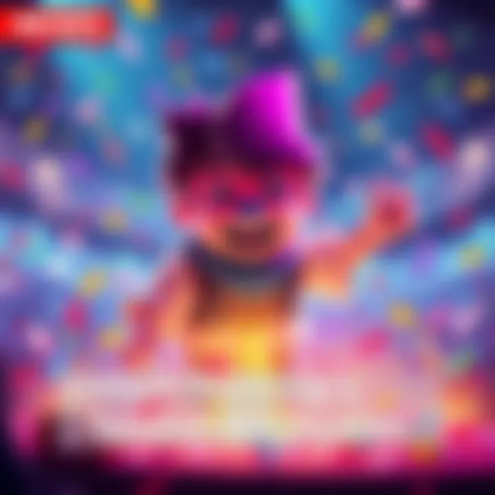 A vibrant scene showing a character celebrating after unlocking a special animation, with confetti and bright colors around.