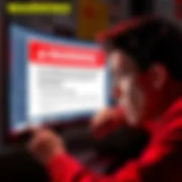 A concerned person looking at a computer screen with a warning message about scams and financial losses related to Upland holdings
