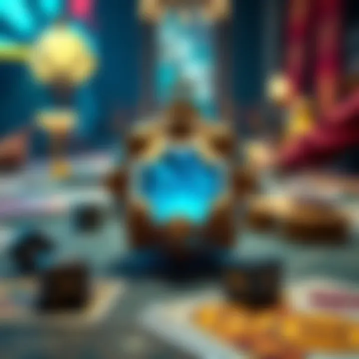 A close-up of Urza's Bauble displayed on a gaming table surrounded by cards and dice
