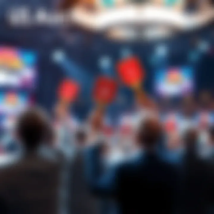 A graphic showing a live auction scene with bidders raising paddles and screens displaying bids, symbolizing the current US auction dynamics.