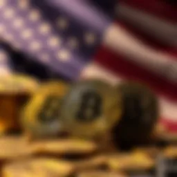 Graphic showing Bitcoin coins with a U.S. flag in the background, symbolizing the government's sale of Bitcoin