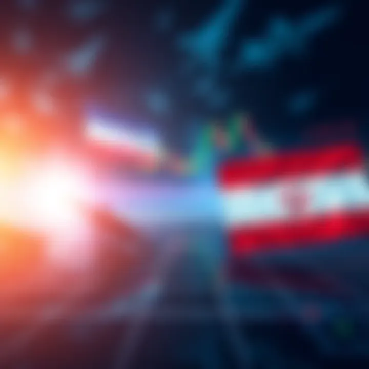 Stock market graph showing decline with military symbols representing US and Iran tensions in the background