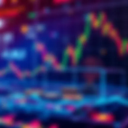 A digital representation of futures and options trading in decentralized finance, featuring charts and graphs with digital currency symbols.