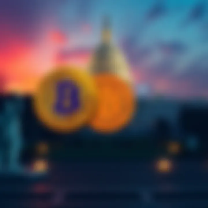 US Government Cryptocurrency Transfer Illustration of Bitcoin and Ether symbols with a backdrop of the US government building, showing a digital transfer to Coinbase Prime.