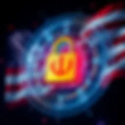 A graphic showing the US flag alongside a digital representation of cryptocurrency with a lock symbol, indicating asset seizure