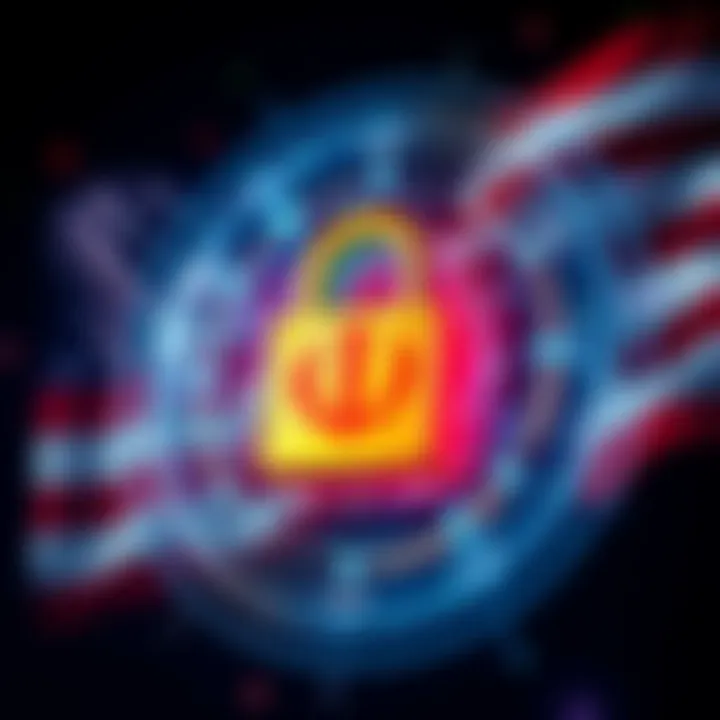 A graphic showing the US flag alongside a digital representation of cryptocurrency with a lock symbol, indicating asset seizure