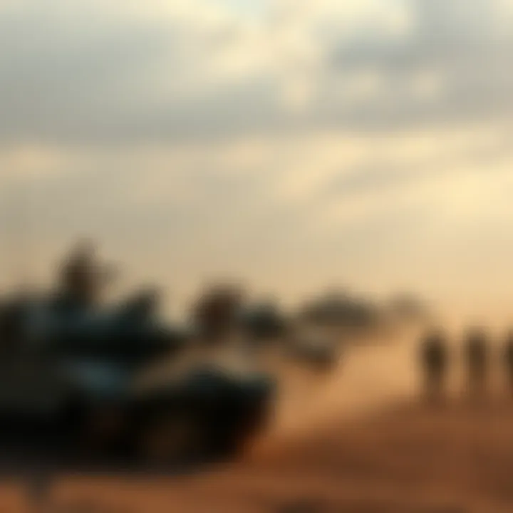 US military forces preparing for potential action, with tanks and soldiers in a desert-like landscape indicating readiness for a land incursion into Iran.