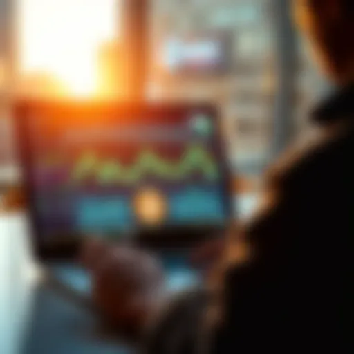 A person analyzing cryptocurrency transfers and loans on a laptop with graphs and currency symbols visible on the screen