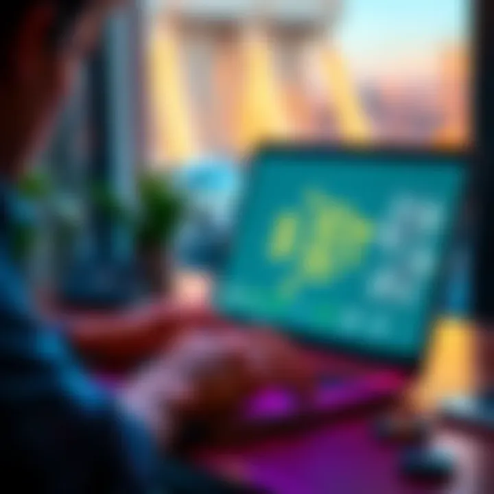 A person using a laptop to convert USDT from a digital wallet to cash, with cash notes and a bank logo visible on the screen.