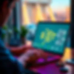 Converting USDT to Cash A person using a laptop to convert USDT from a digital wallet to cash, with cash notes and a bank logo visible on the screen.