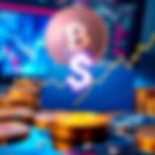 Graph showing USDT value fluctuating around one dollar with market indicators and coins in the background