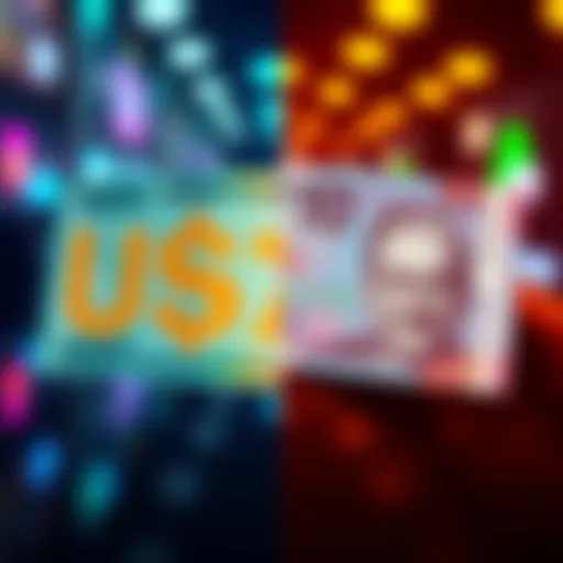 A split image illustrating USDT on one side and local currency notes on the other, representing payment preferences