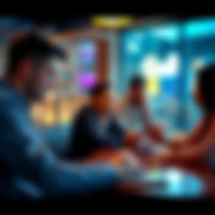 A group of people discussing crypto staking programs at a cafe, with laptops and smartphones on the table
