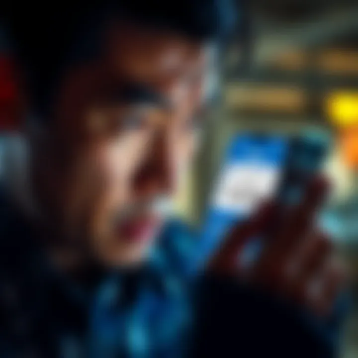 A person looking frustrated while using a smartphone showing Samsung Pay+ app, with a notification about account verification issues visible on the screen