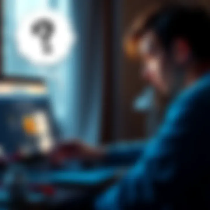 User Seeking Coinbase Advice A person looking at a laptop screen with Coinbase website open, pondering about account issues, with a thought bubble showing question marks.