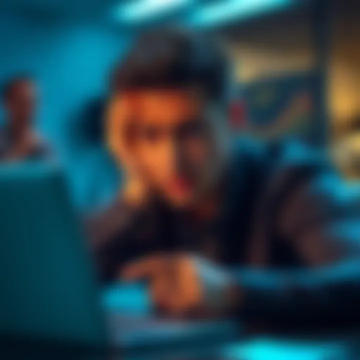 User upset over lost funds A frustrated person looks at their laptop with a shocked expression, showing signs of stress because of a hacked account and lost money.