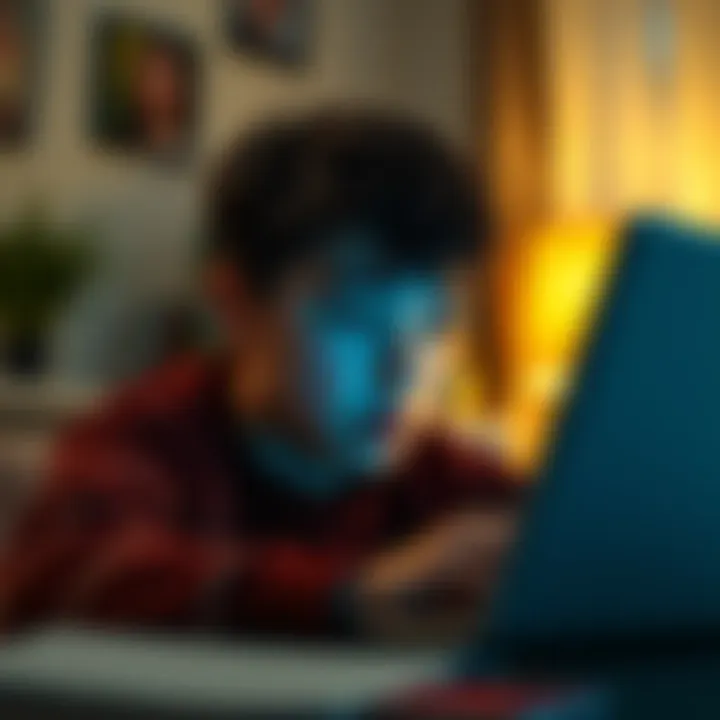 A young person looking worried while reading negative comments on a laptop screen at home