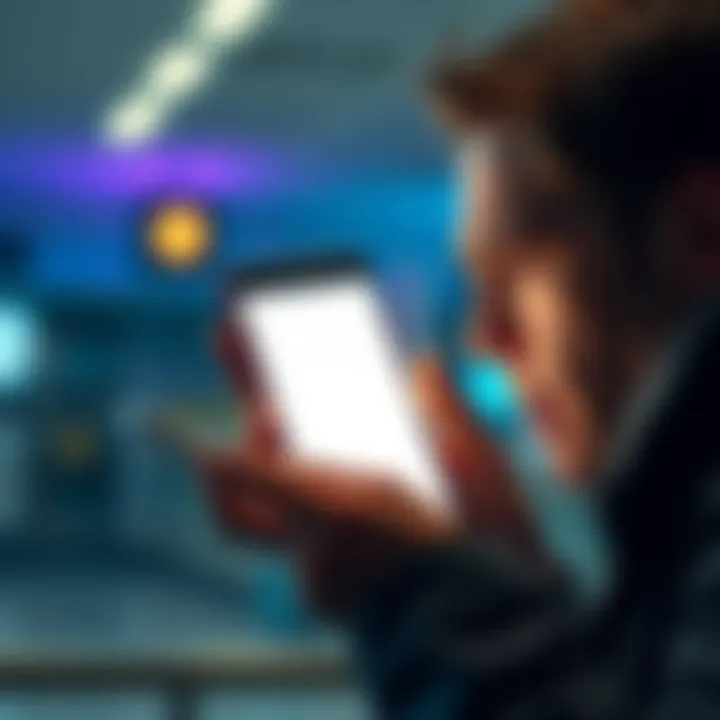 A person looking concerned while using a smartphone, showing a blank screen where the app balance should be.