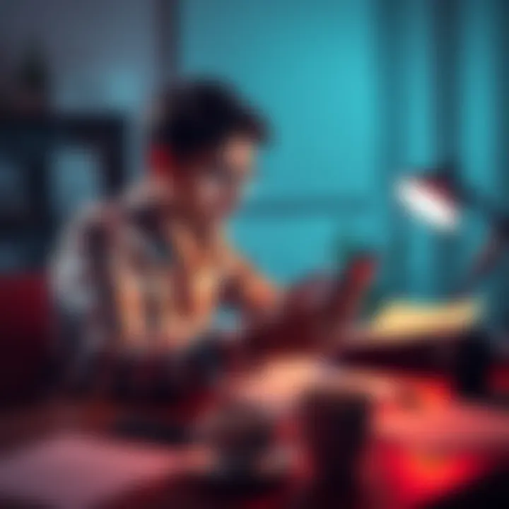 A person sitting at a desk looking upset while using a smartphone with an earning app, surrounded by papers and empty coffee cups