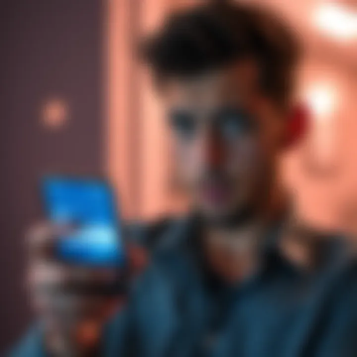User frustrated with phone verification A person looking confused while holding a smartphone, showing an error message about SMS verification for an account setup.