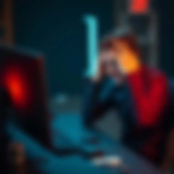 User Frustrated with Tech Support A frustrated person sitting at a desk, looking at a computer with a troubled expression as they hold their head in their hands, symbolizing struggles with tech support.