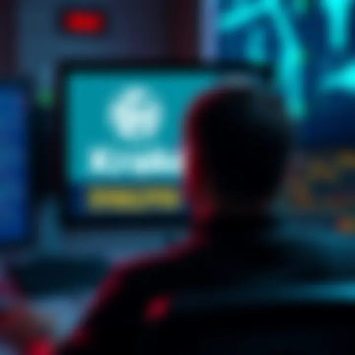 A person looking at a computer screen showing the Kraken logo and a message about account restriction and missing funds