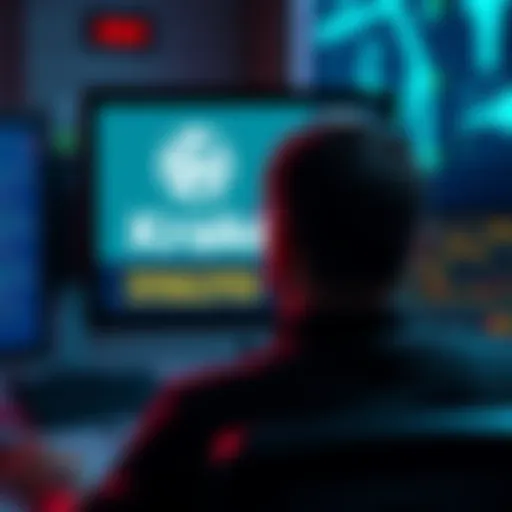 User Seeking Help with Kraken Account A person looking at a computer screen showing the Kraken logo and a message about account restriction and missing funds