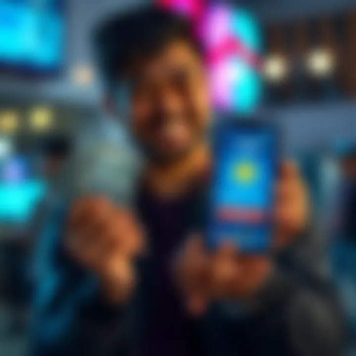A person smiling while holding cash in one hand and a smartphone displaying a money app in the other hand
