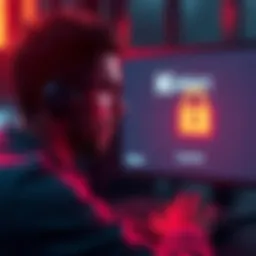 A frustrated person looking at a computer screen displaying the Kraken logo, showing an account suspended message with a locked symbol.